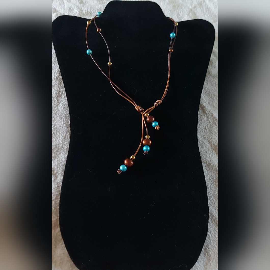 Handmade Brown Peacock, Lt. Blue & Gold Pearl & Sunset Brown Leather Necklace